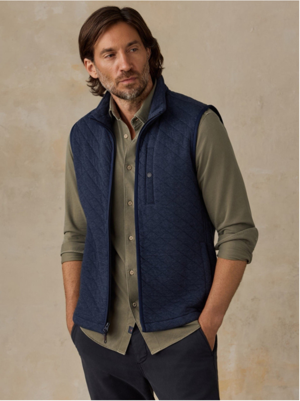 Faherty Epic Quilted Vest Mens L Navy Melange Full Zip Cotton Blend
